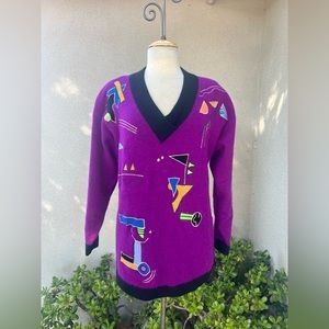 Vintage 1992 sweater new wave Geometric lambswool purple black M Gary Fabrikant